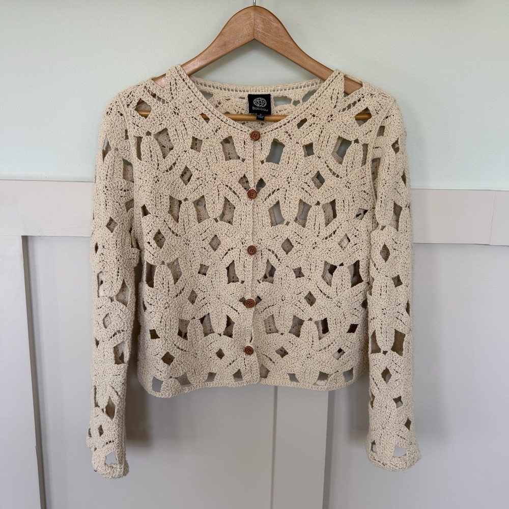 Bobeau Crochet Starfish Cardigan SMALL Cream 100% Cotton Beach Coastal Grandma